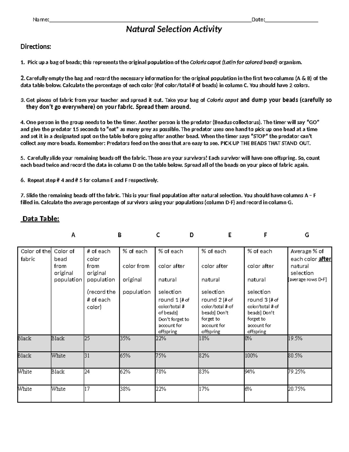 Natural Selection - Beads - BIOL102-006 - Name: Date: Natural Selection ...