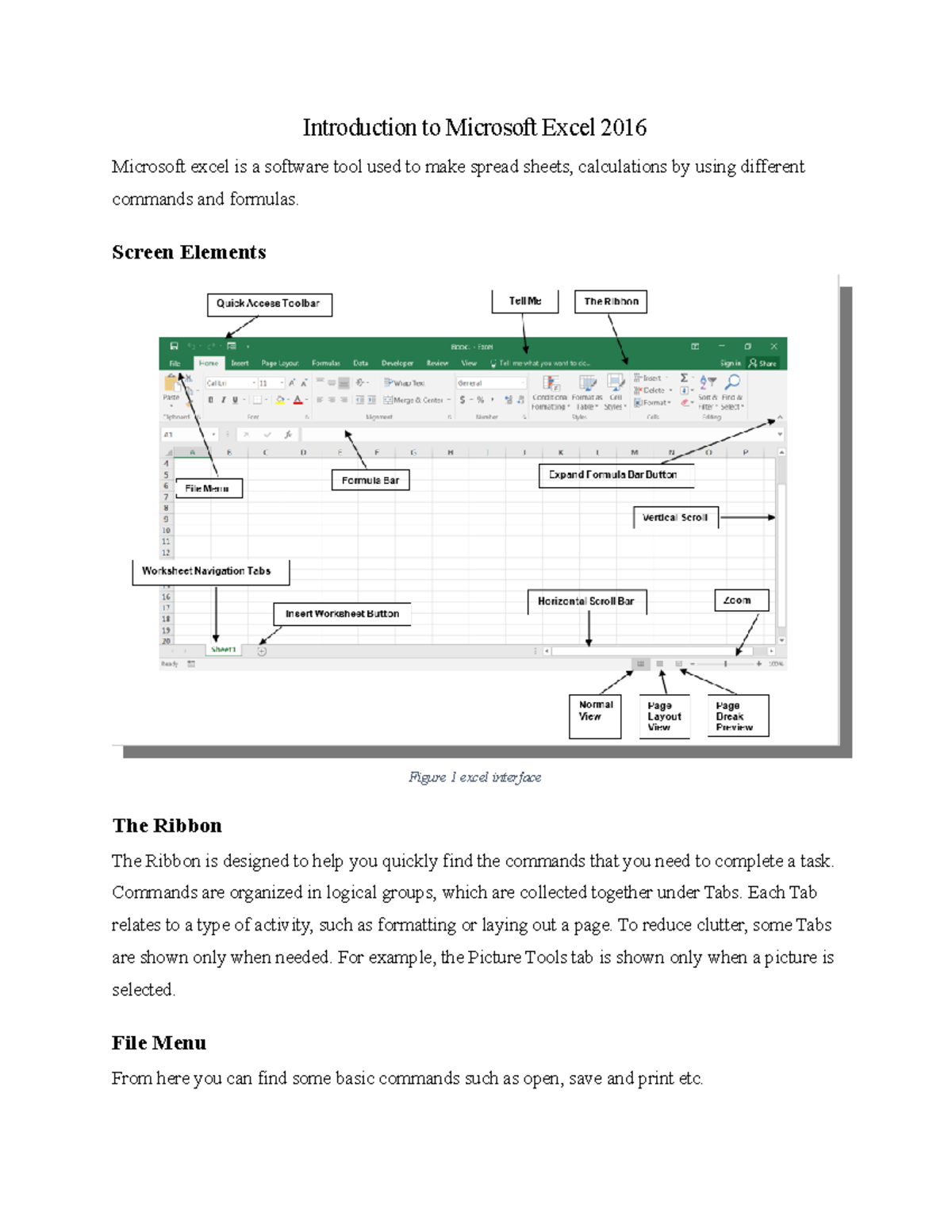 Introduction to Microsoft Excel 2016 - Screen Elements Figure 1 excel ...