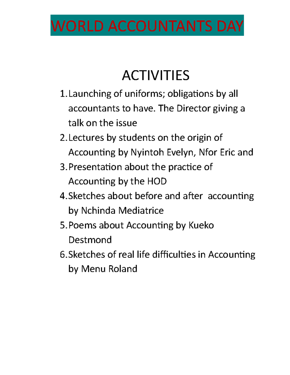 World Accountants DAY WORLD ACCOUNTANTS DAY ACTIVITIES 1 of uniforms