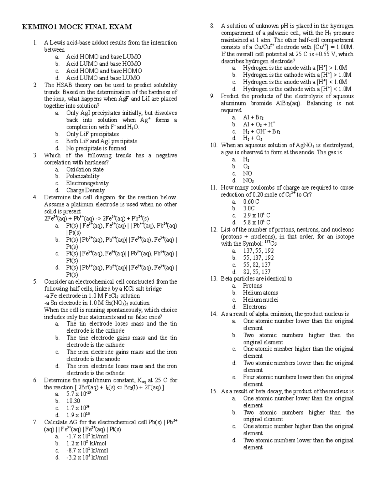 Inorganic Chemistry Mock Final Exam - KEMINO1 MOCK FINAL EXAM A Lewis ...