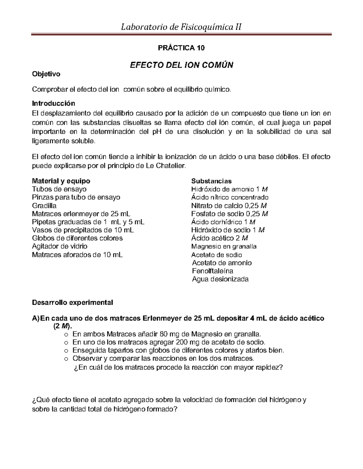 Práctica 10 el efecto del ion común sobre el equilibrio