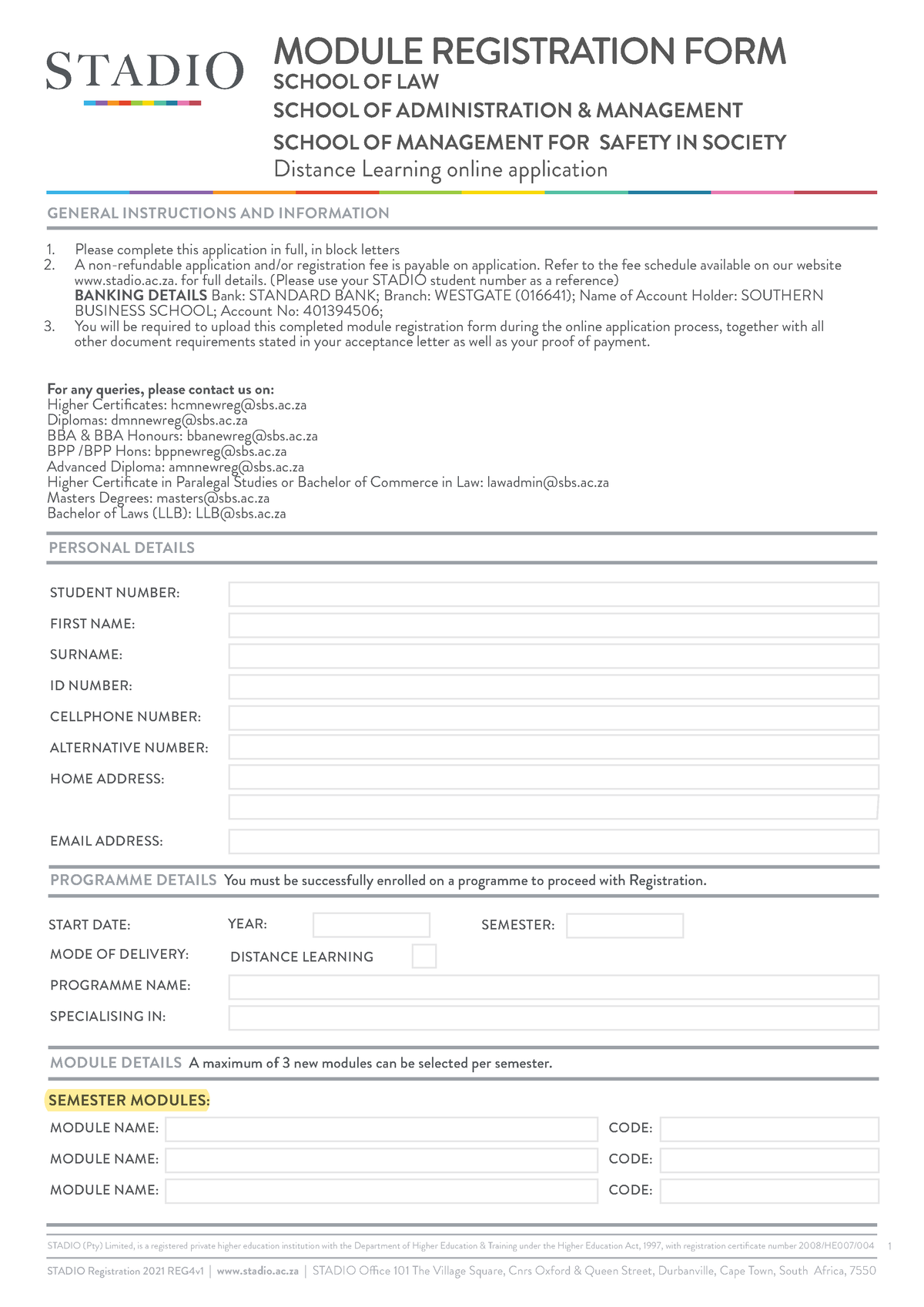 Mod reg form K copy notes STADIO (Pty) Limited, is a registered