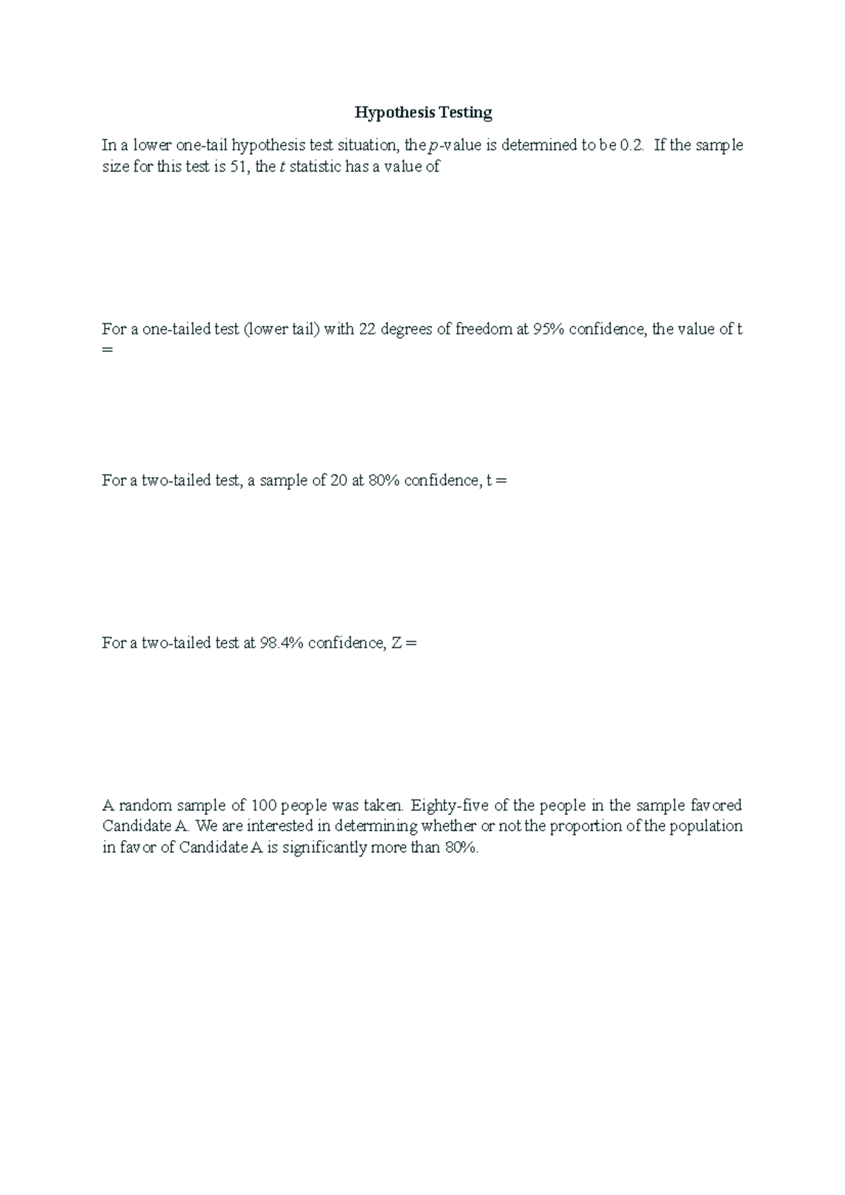 for a given sample size in hypothesis testing quizlet