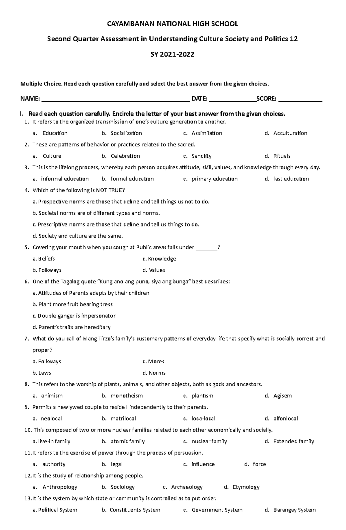 Q2 UCSP Final Exam - Quarter 2 UCSP Exam - CAYAMBANAN NATIONAL HIGH ...