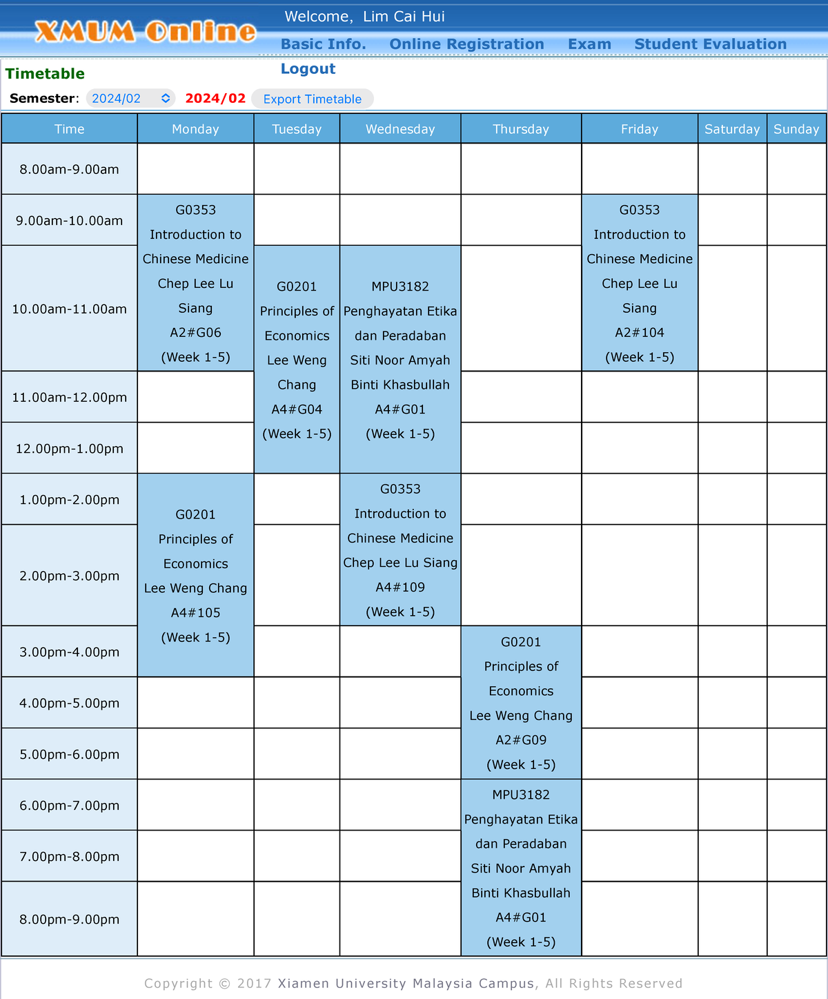 XMUM AC Online - Abdergeoggalum - Timetable Semester: 2024/02 2024/02 ...