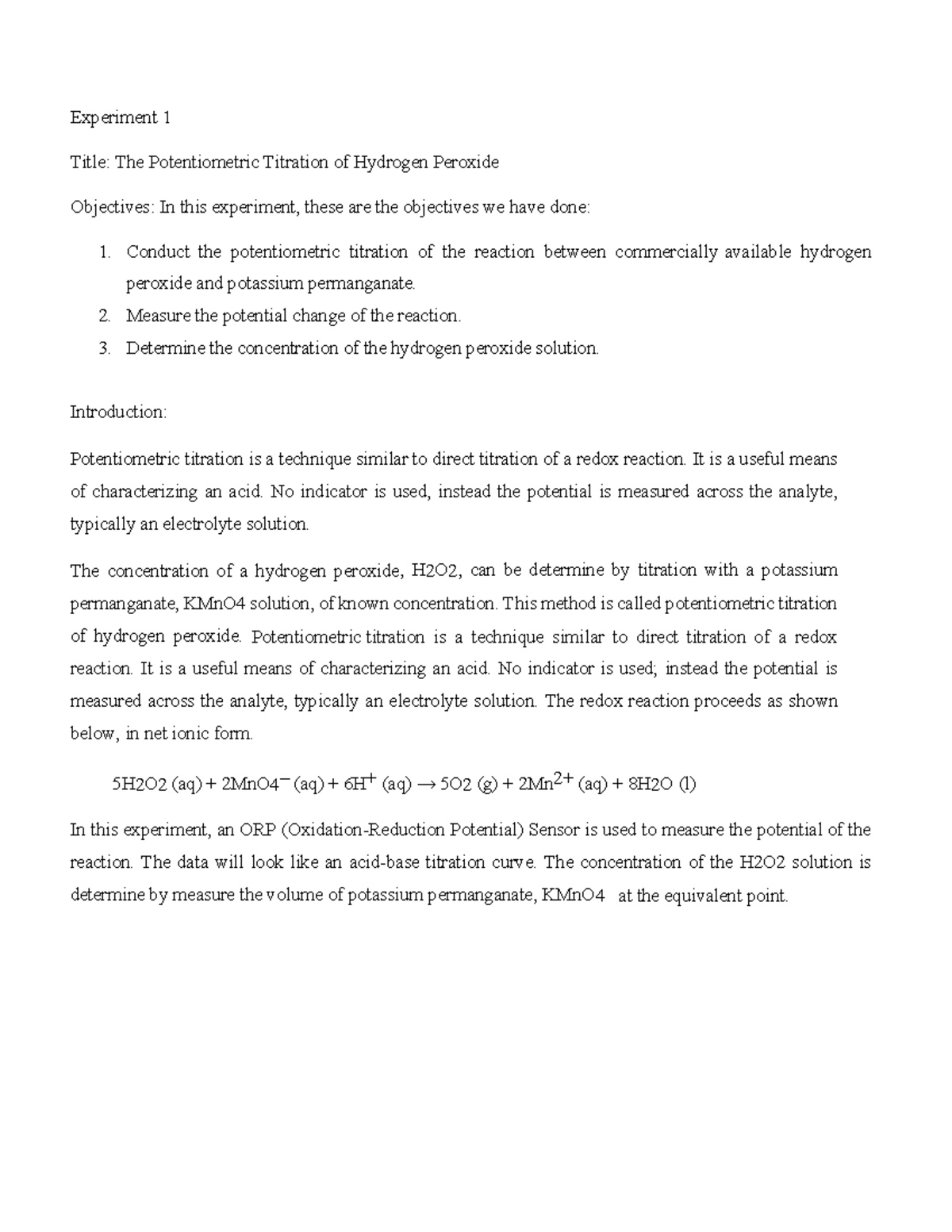 YAB 2052Experiment 1 titration of hydrogen peroxide Applied