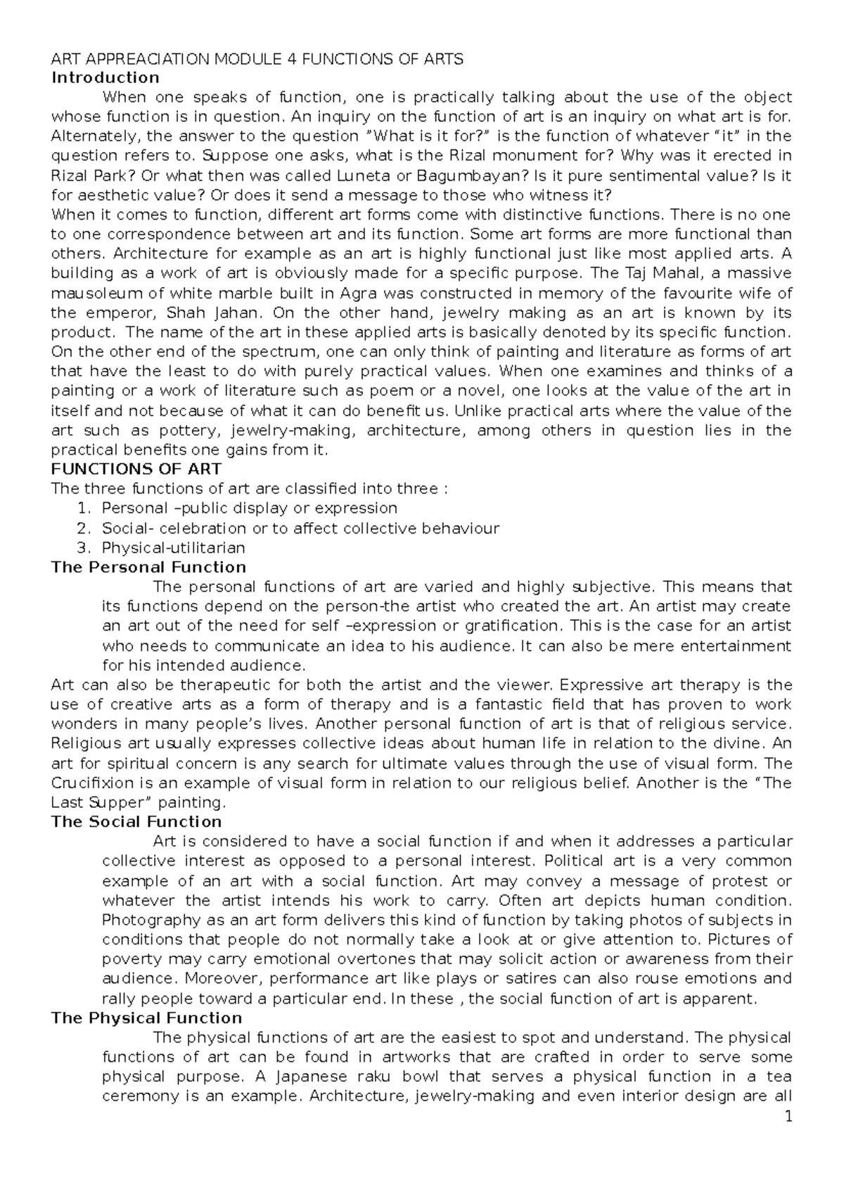 ART Appreciation Module 4 - ART APPREACIATION MODULE 4 FUNCTIONS OF ...