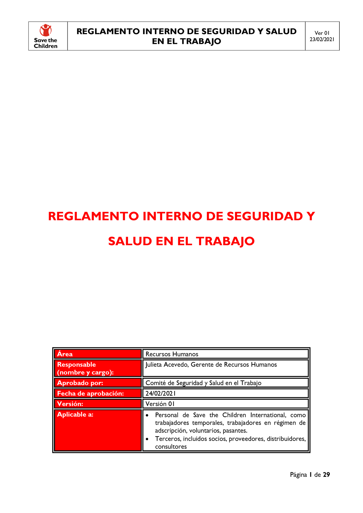 Reglamento Interno de SST y Cargo de Recepcion EN EL TRABAJO Ver 01