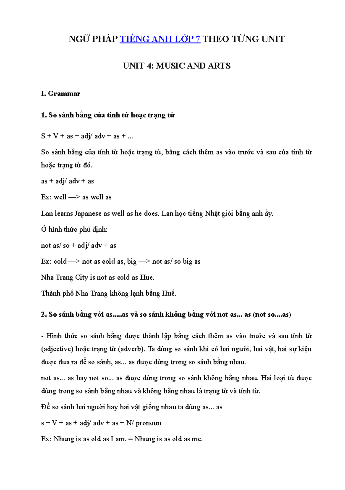 Ngu phap tieng anh lop 7 chuong trinh moi unit 4 music and arts - NGỮ ...