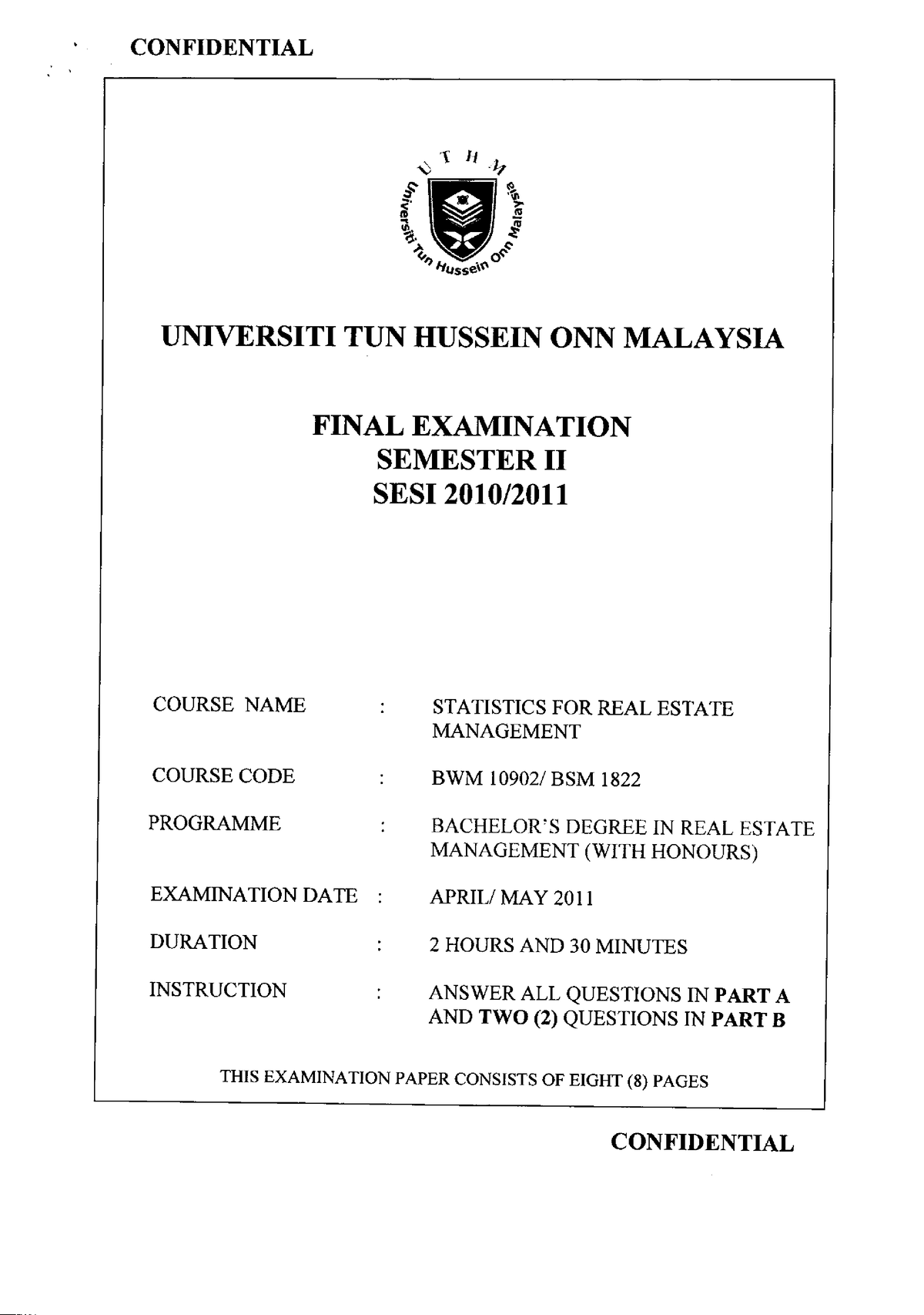 Latihan Statistics - . CONFIDENTIAL .1rr. .,, Ll {.Hj UNIVERSITI TUN ...