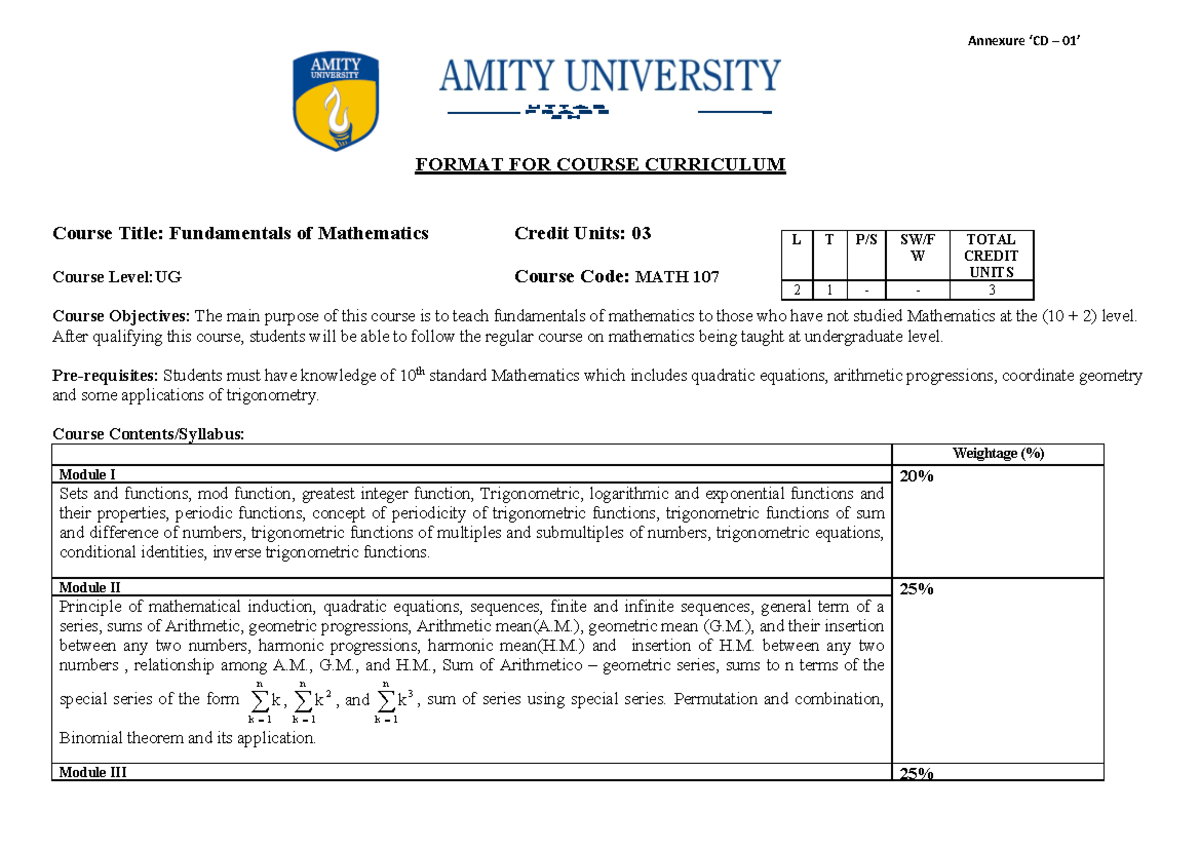 Detailed Syllabus - Annexure ‘CD – 01’ FORMAT FOR COURSE CURRICULUM ...