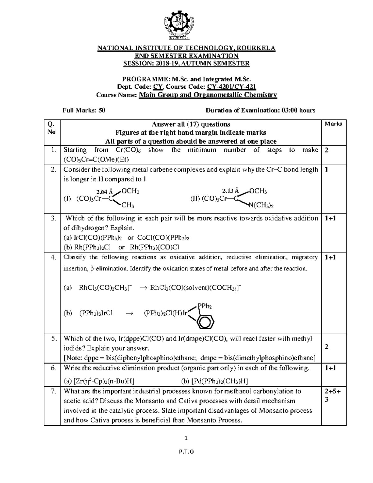 Exam 2019, questions - 1 P.T NATIONAL INSTITUTE OF TECHNOLOGY, ROURKELA ...