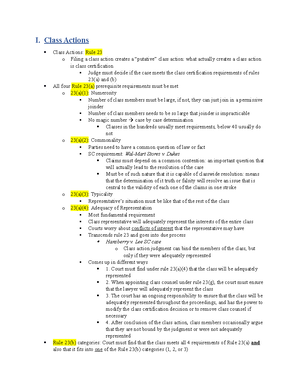 Civil Procedure Law Outline - 1 - I. Class Actions Class Actions: Rule ...