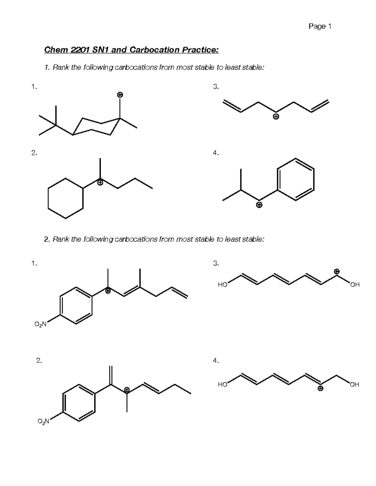 WS 17 Sn1 And Carbocation - Chem 2201 SN1 And Carbocation Practice: 1 ...