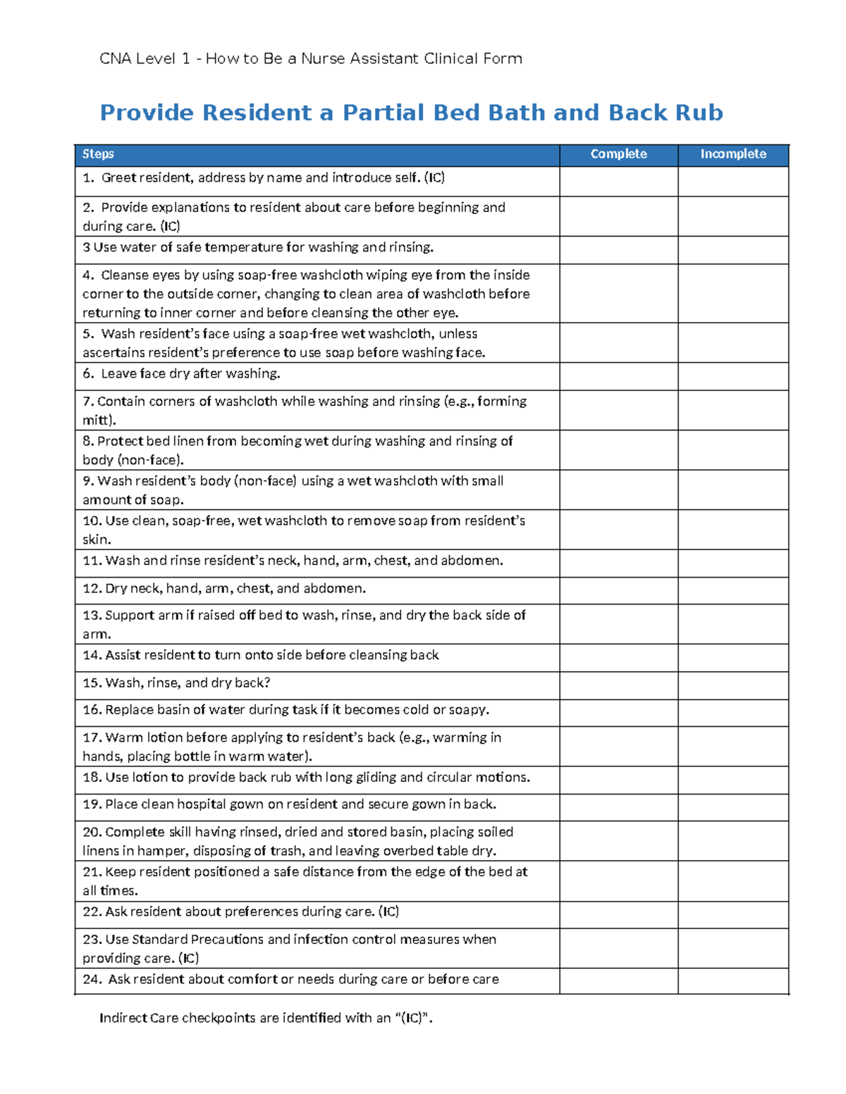 Provide Resident a Partial Bed Bath and Back Rub CNA Level 1 How to