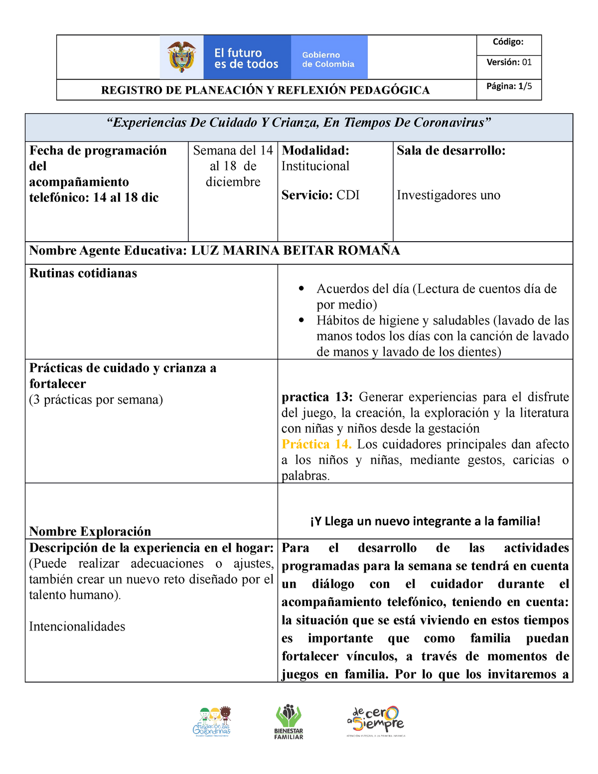 Informe Planeación Pedagógica Semana DEL 14 Al 18 De Diciembre ...