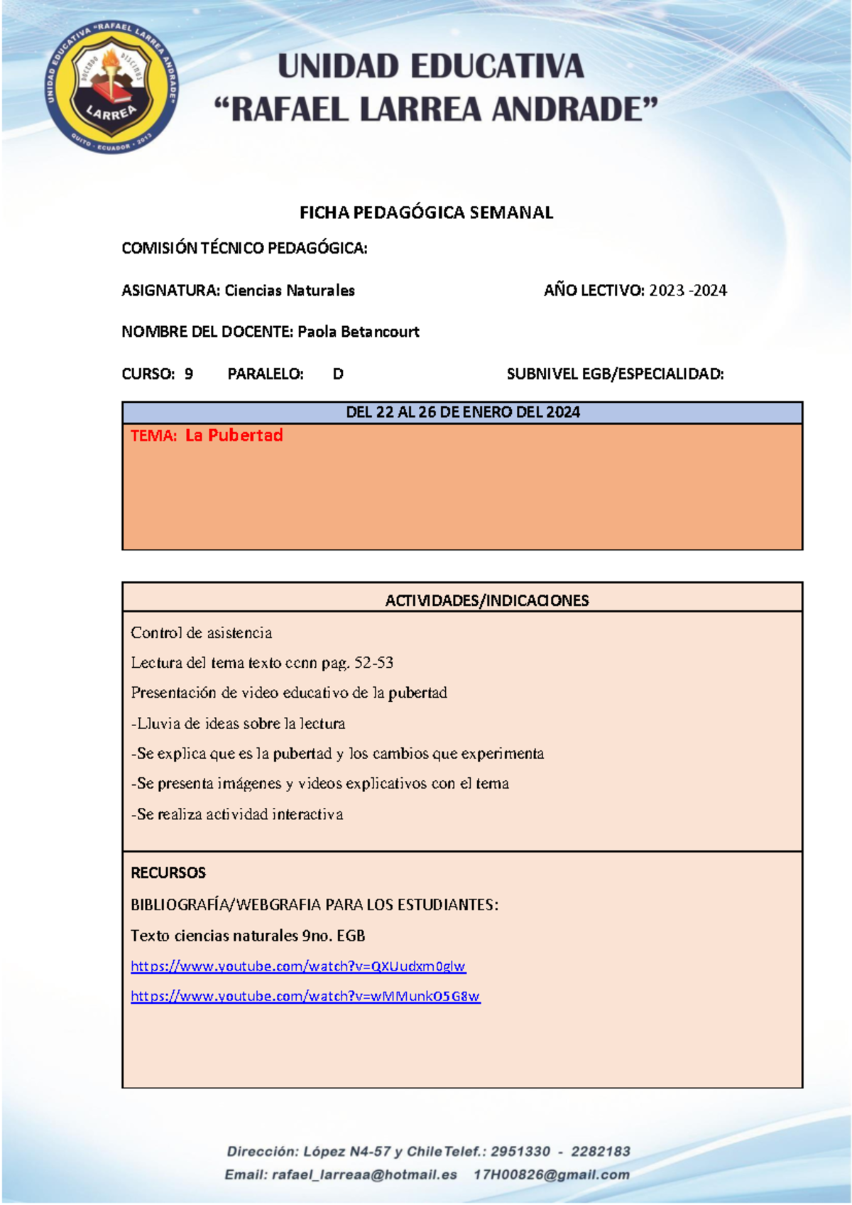 Ficha Semanal - Informe - FICHA PEDAGÓGICA SEMANAL COMISIÓN TÉCNICO ...