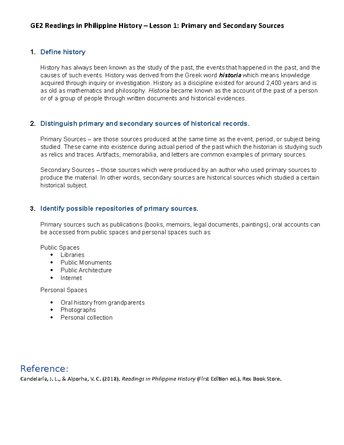 Readings In Philippine History Activity Primary And Secondary Sources 