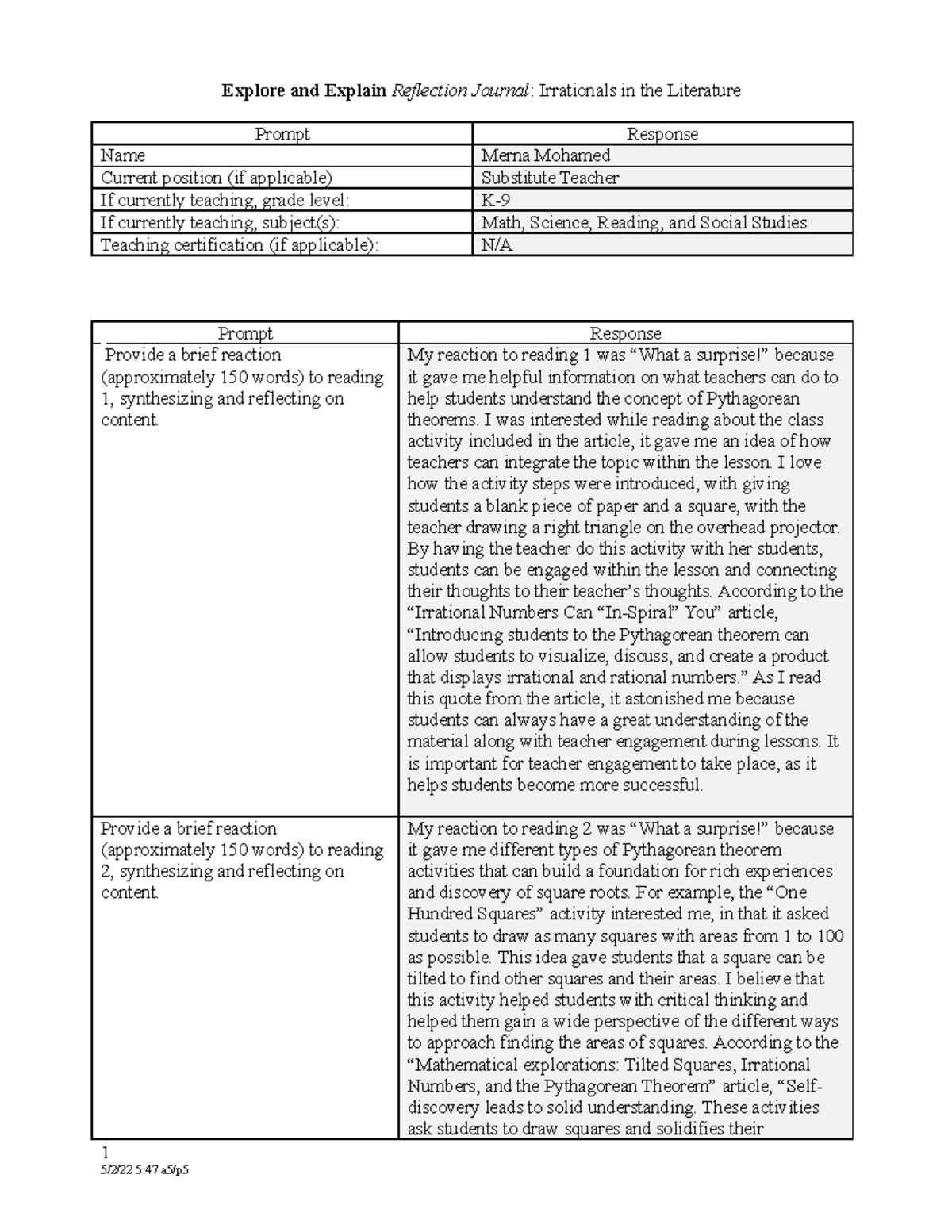 Explore and Explain Reflection Journal Irrationals in the Literature ...