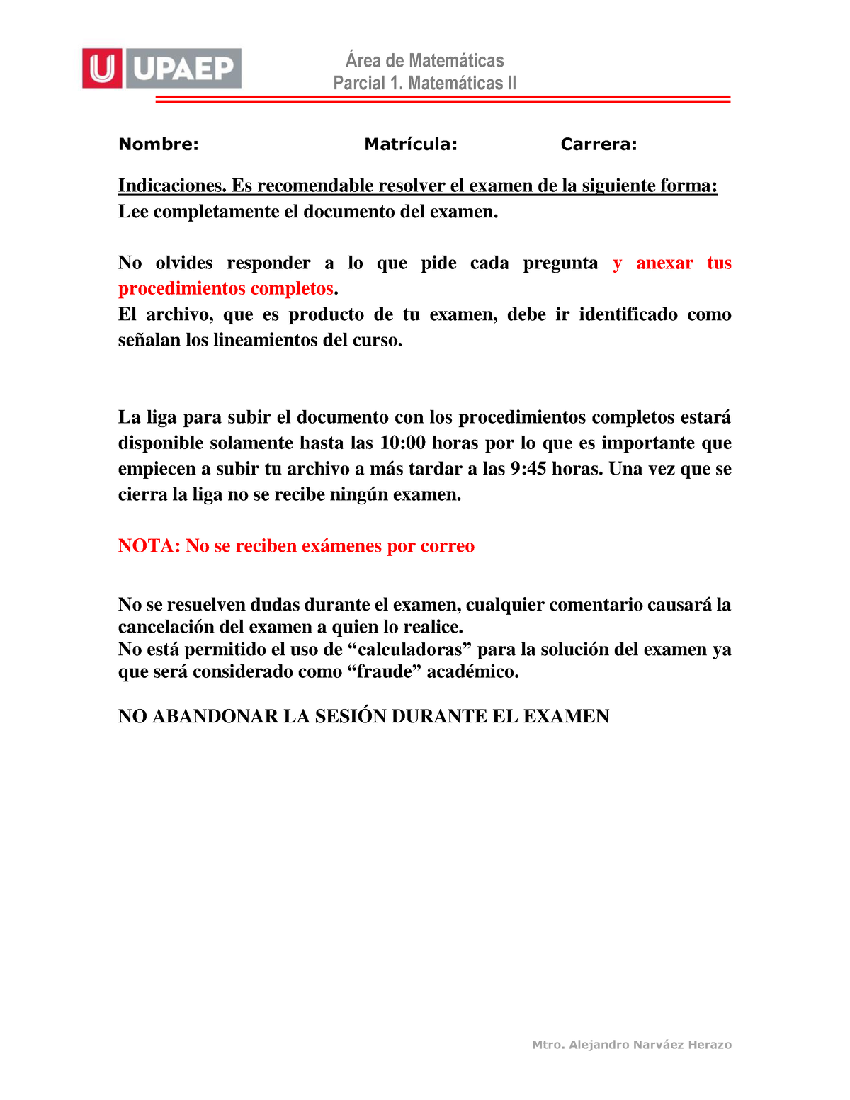 Parcial 1 Mate II - EXAMEN - ¡rea De Matem·ticas Parcial 1. Matem·ticas ...