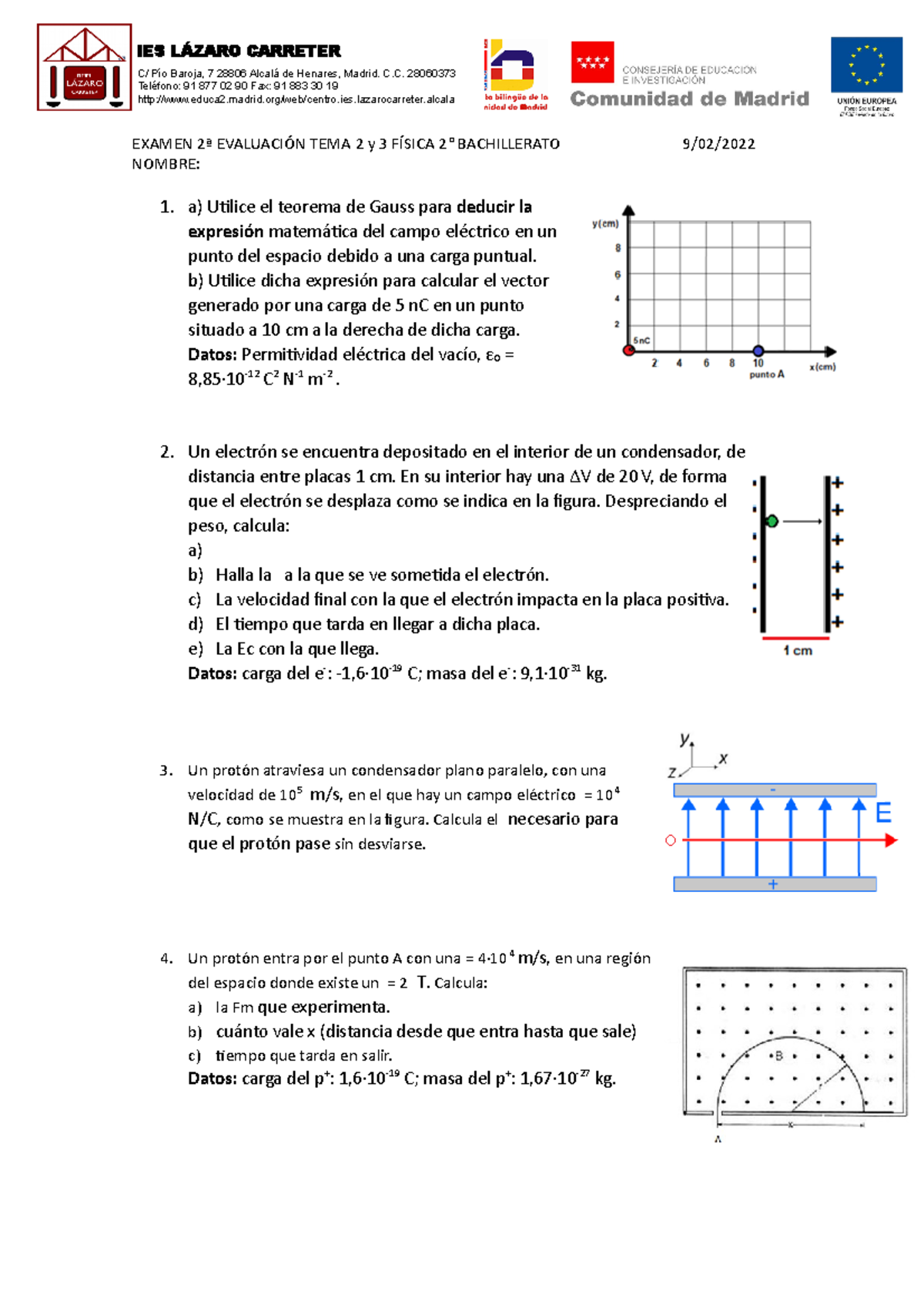 3o Examen-2o-BAC-Fisica-2 - Copia - EXAMEN 2ª EVALUACIÓN TEMA 2 Y 3 ...