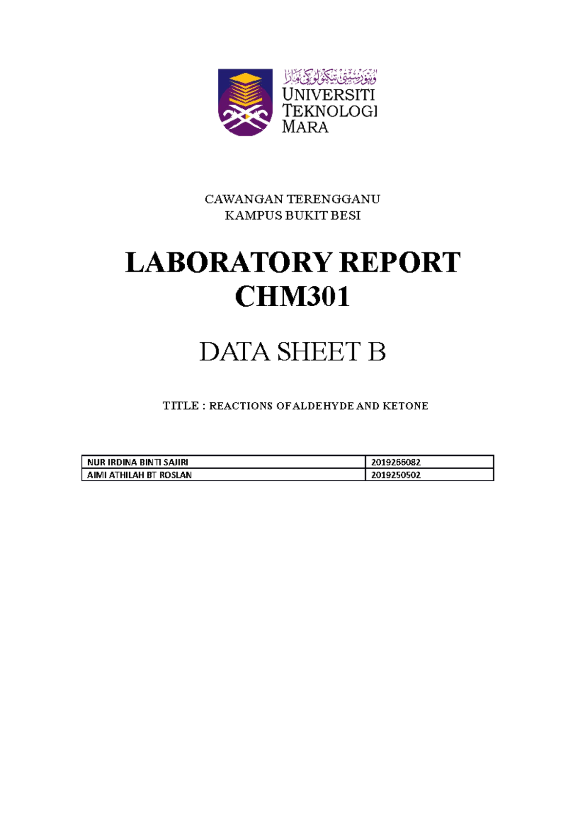 Data Sheet B - CAWANGAN TERENGGANU KAMPUS BUKIT BESI LABORATORY REPORT ...