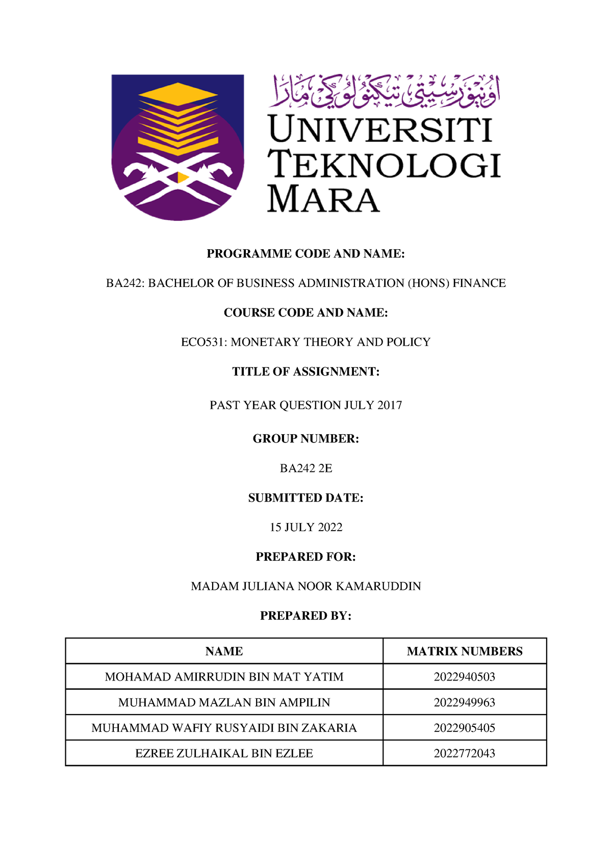 ECO531 Answers PYQ - PROGRAMME CODE AND NAME: BA242: BACHELOR OF ...