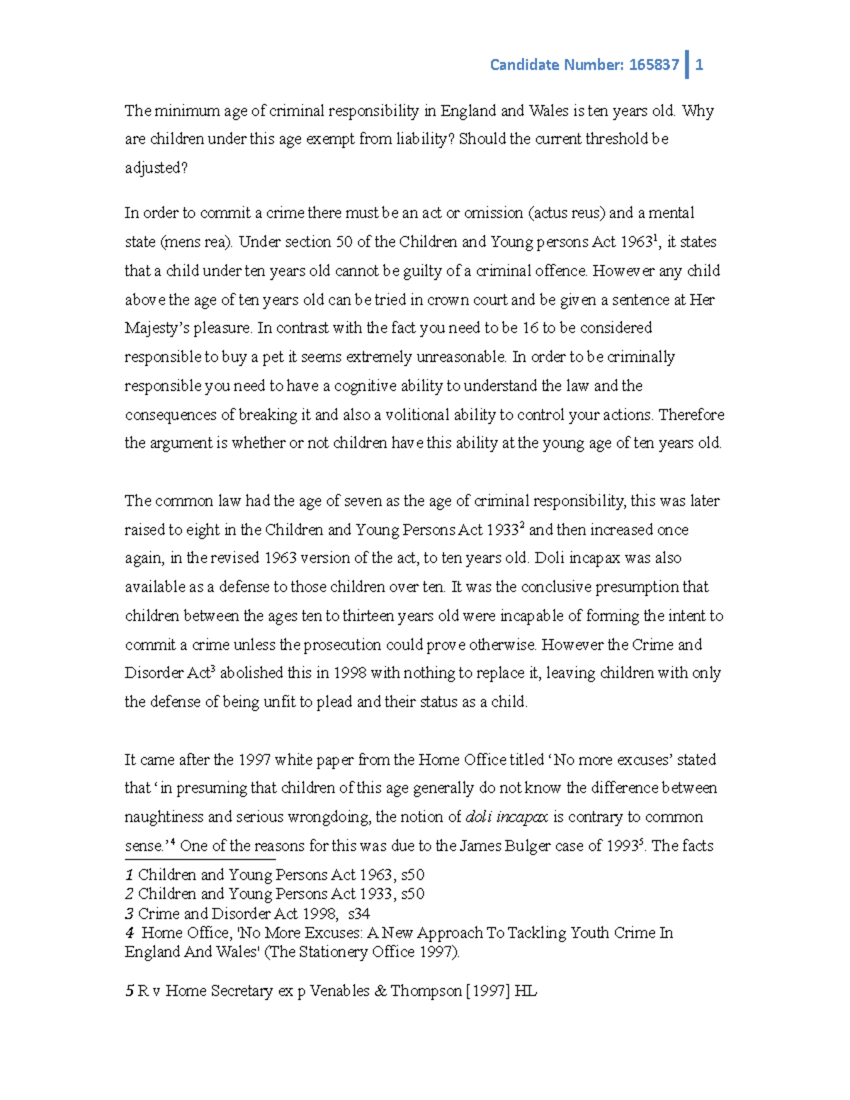 Under section 50 of the Childrens and Young persons Act 1963 Candidate Number 165837 1 The Under section 50 of the Childrens and Young persons Act 1963 Candidate Number 165837 1 The