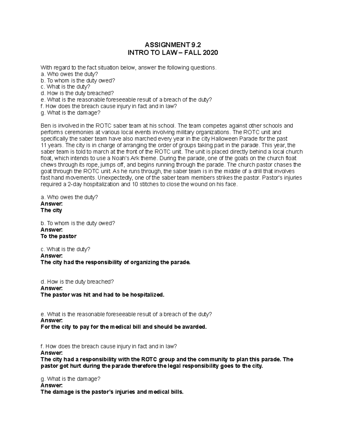 Assignment 9.2 complete - ASSIGNMENT 9. INTRO TO LAW – FALL 2020 With ...