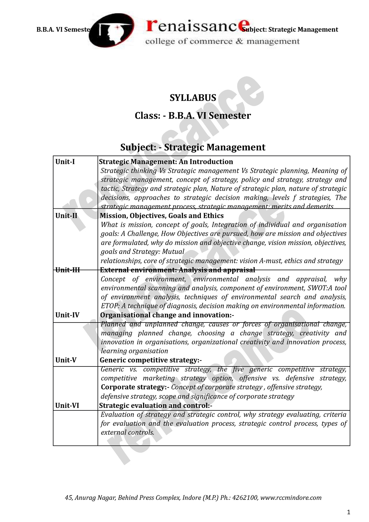 Strategic-Management - SYLLABUS Class: - B.B. VI Semester Subject ...