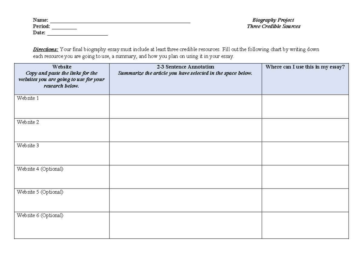 Biography 3 Credible Sources - Name ...