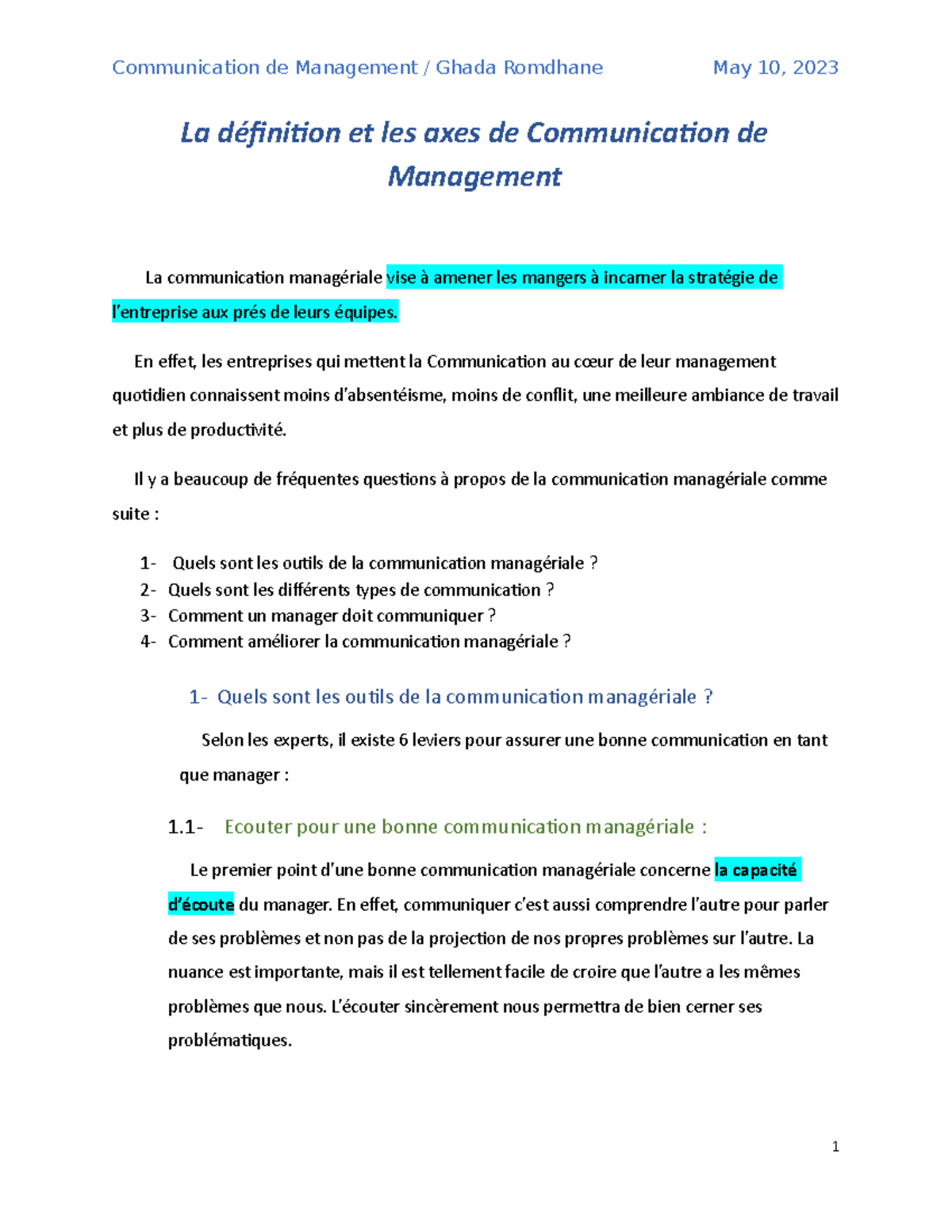 La définition et les axes de Communication de Management La