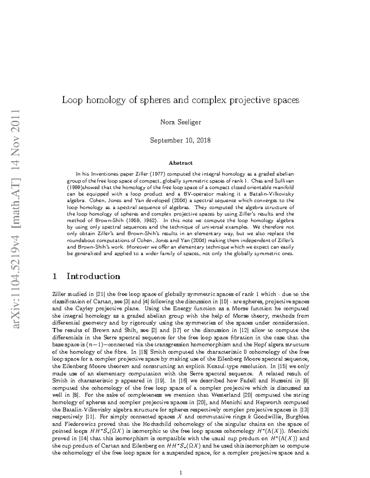1104 Cours arXiv1104 [math] 14 Nov 2011 Loop homology of spheres