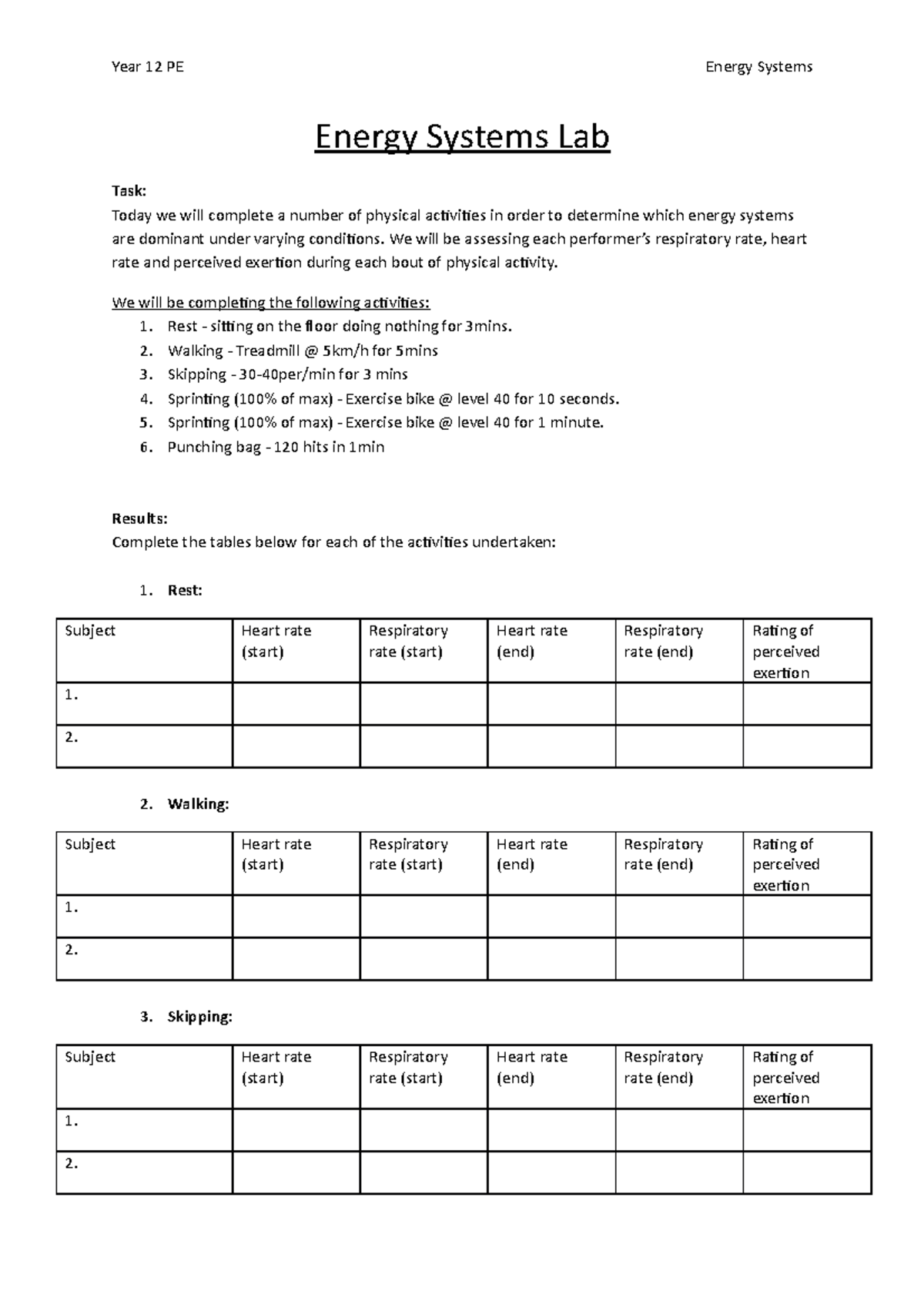 LAB - Energy Systems Practical Activity - Year 12 PE Energy Systems ...