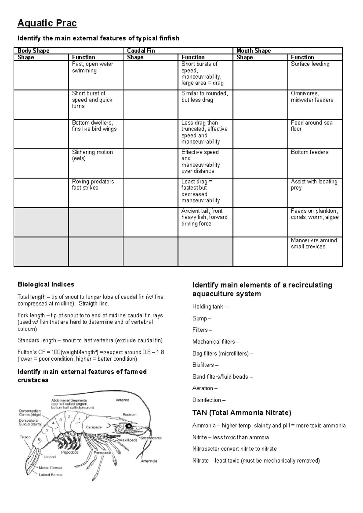 MSAT Notes II - Aquatic Prac Identify the main external features of ...