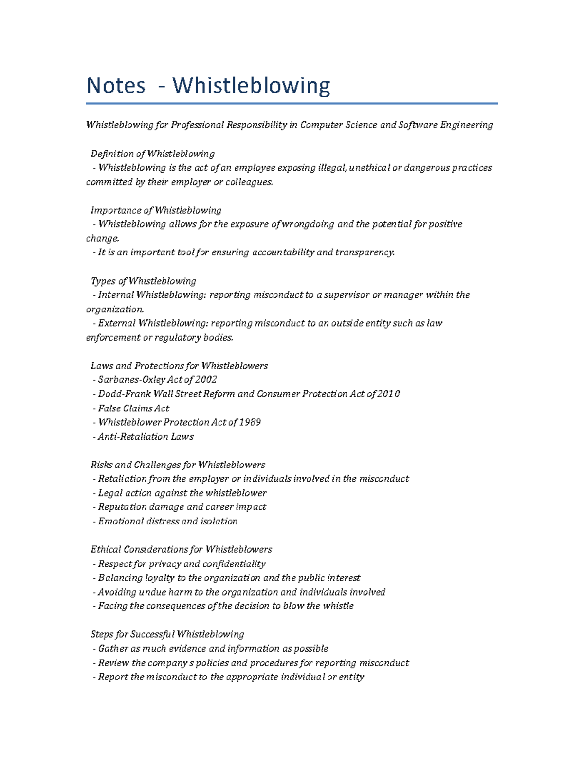 Lecture Notes - Whistleblowing - Notes - Whistleblowing Whistleblowing ...