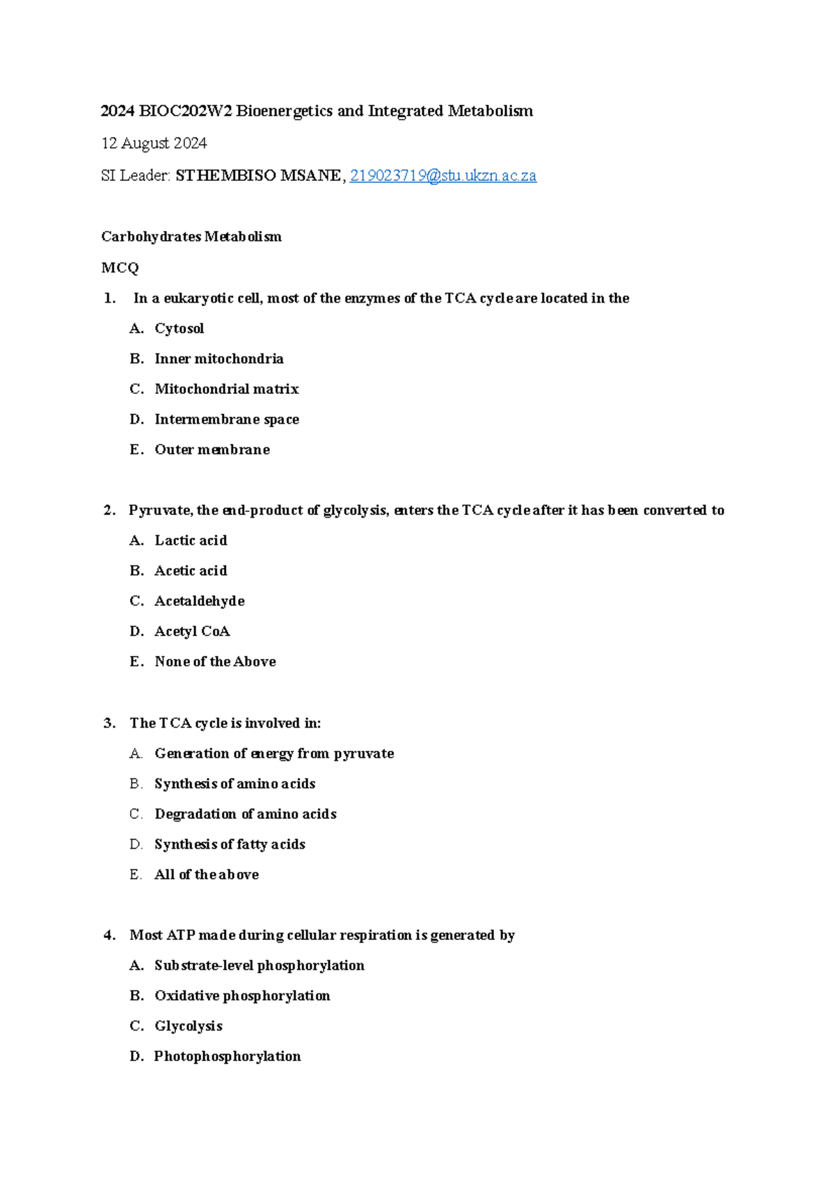 Worksheet 2 - SI QUESTIONS - 2024 BIOC202W2 Bioenergetics and ...