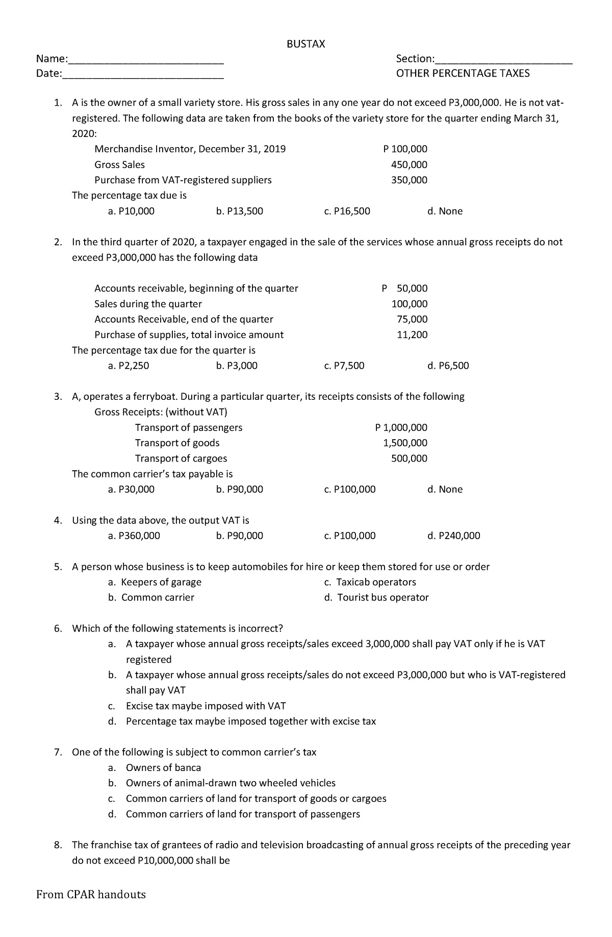 Other Percentage Taxes-CPAR Practice Handout - BUSTAX Name ...