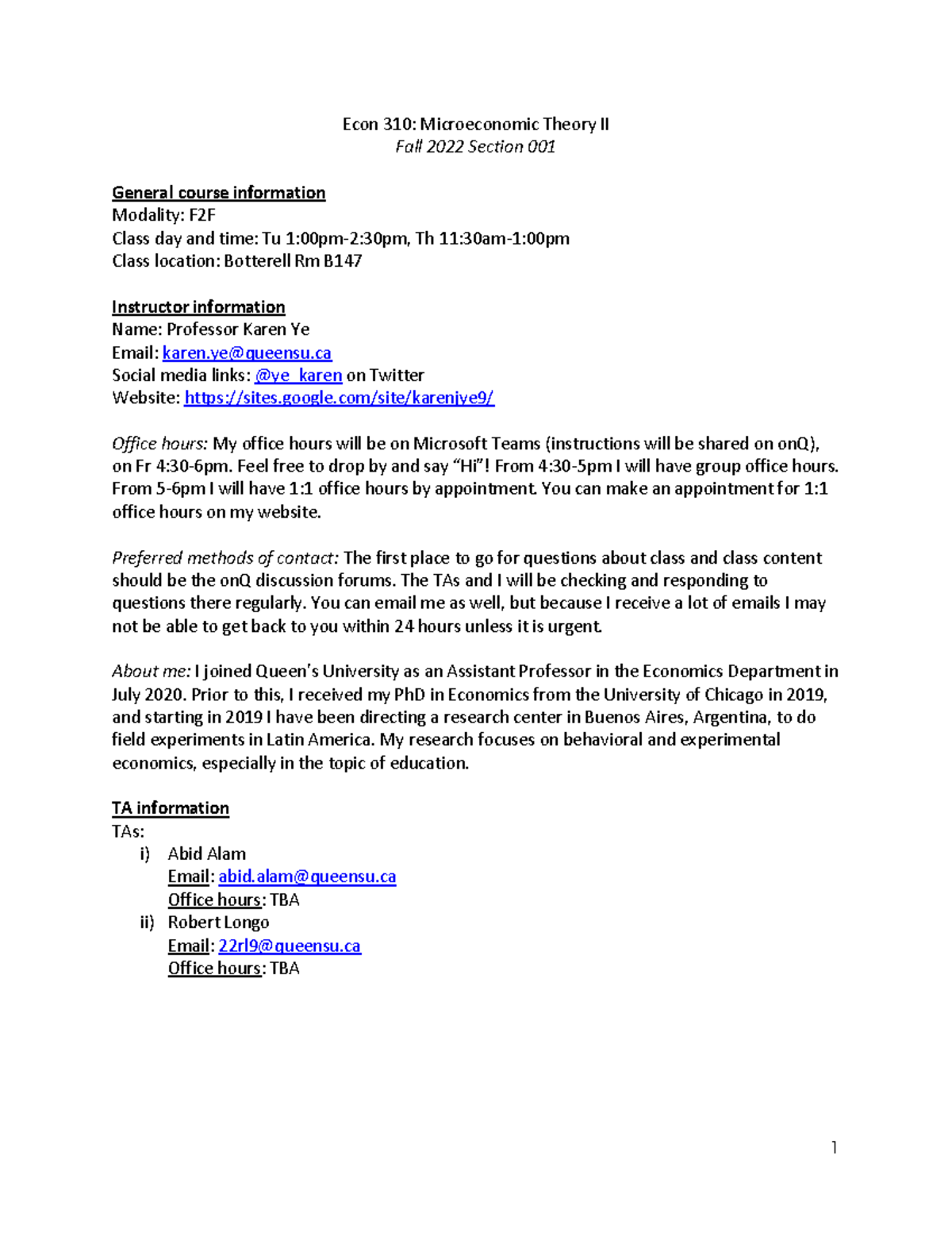 Econ 310 Fall 2022 Section 001 Syllabus - Econ 310: Microeconomic ...