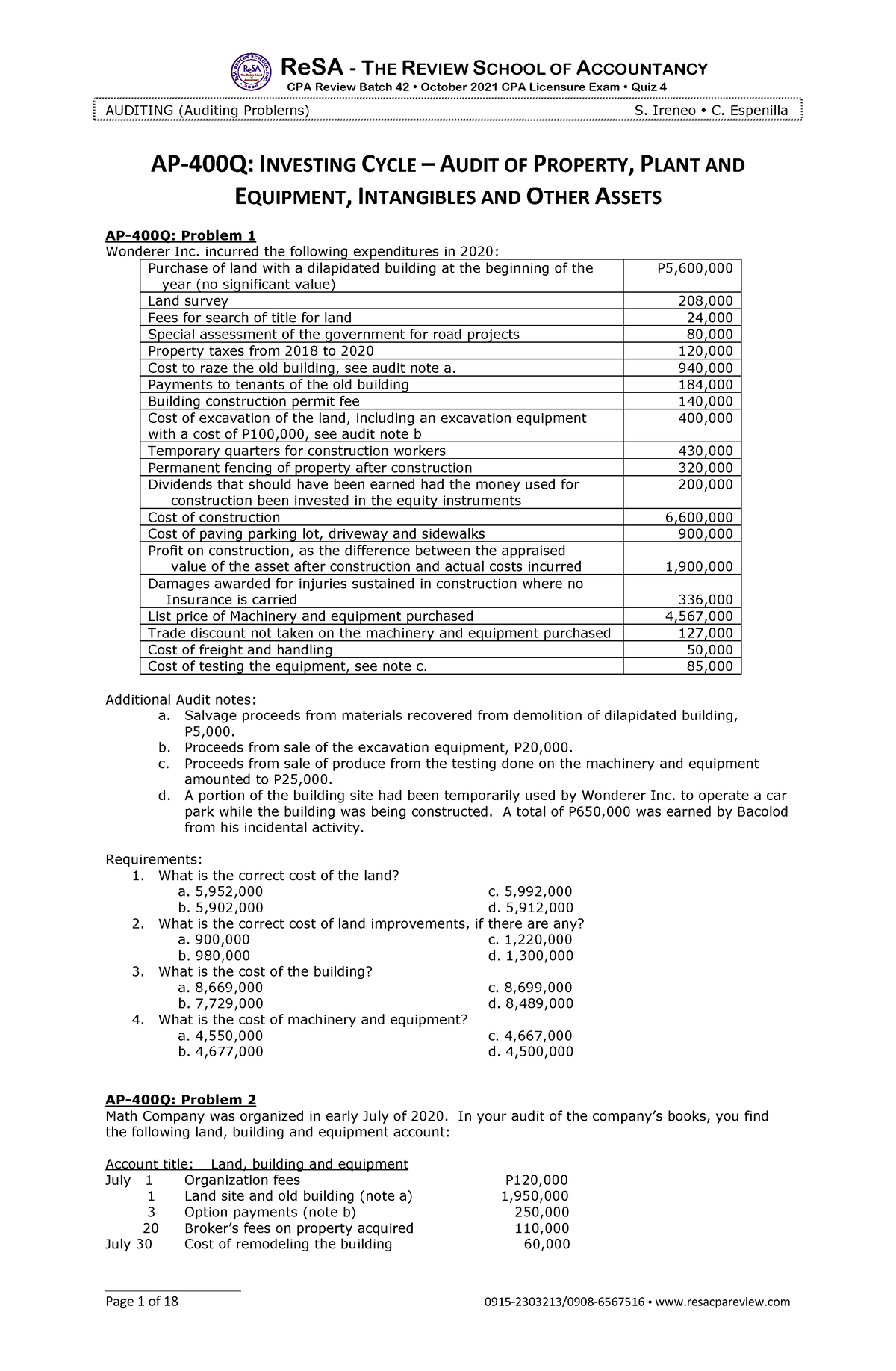 AP 400Q Quizzer Audit Of PPE Intangibles And Other Assets - ReSA - THE ...