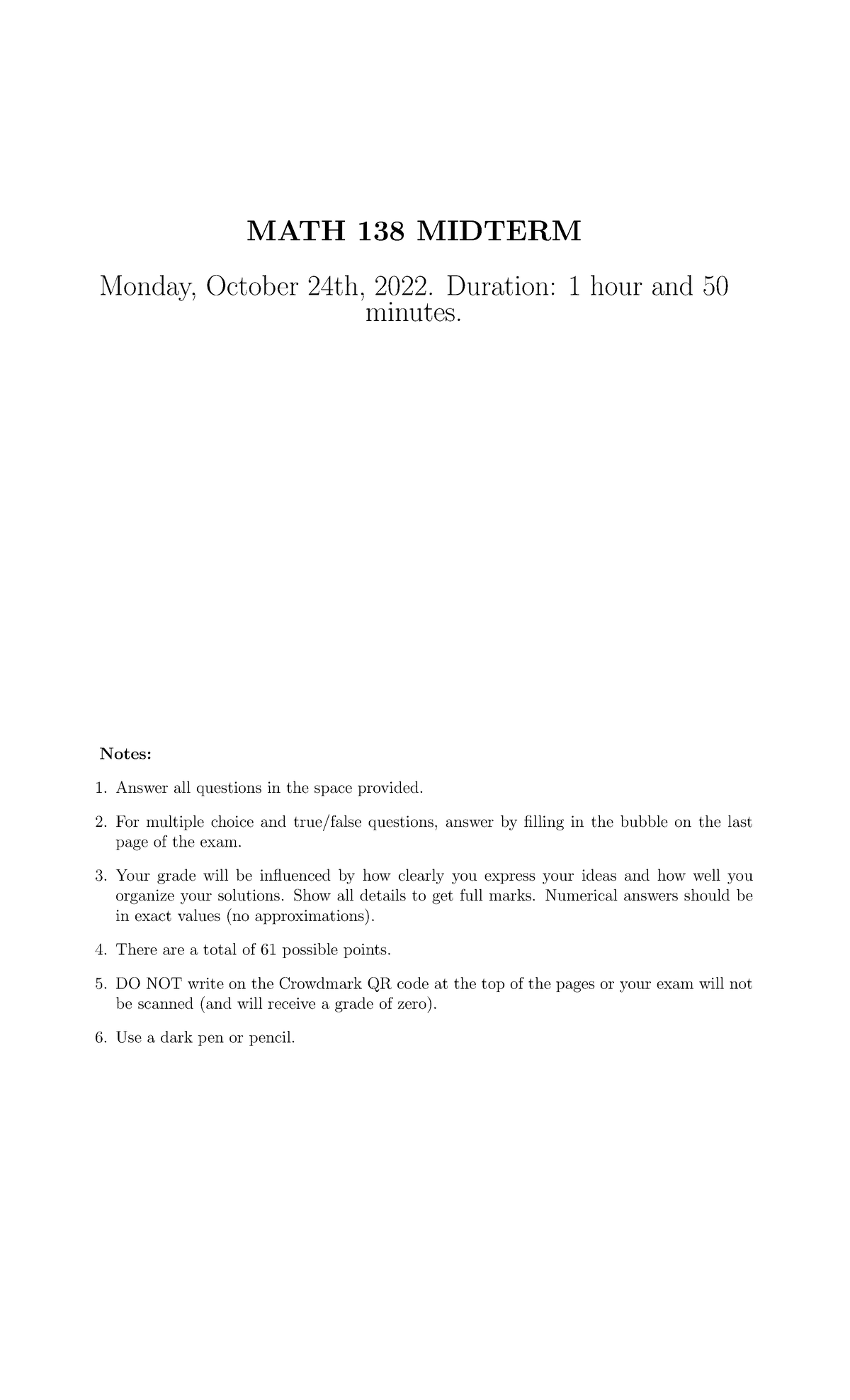 Midterm - 22F - Practice Exam Questions - MATH 138 MIDTERM Monday ...