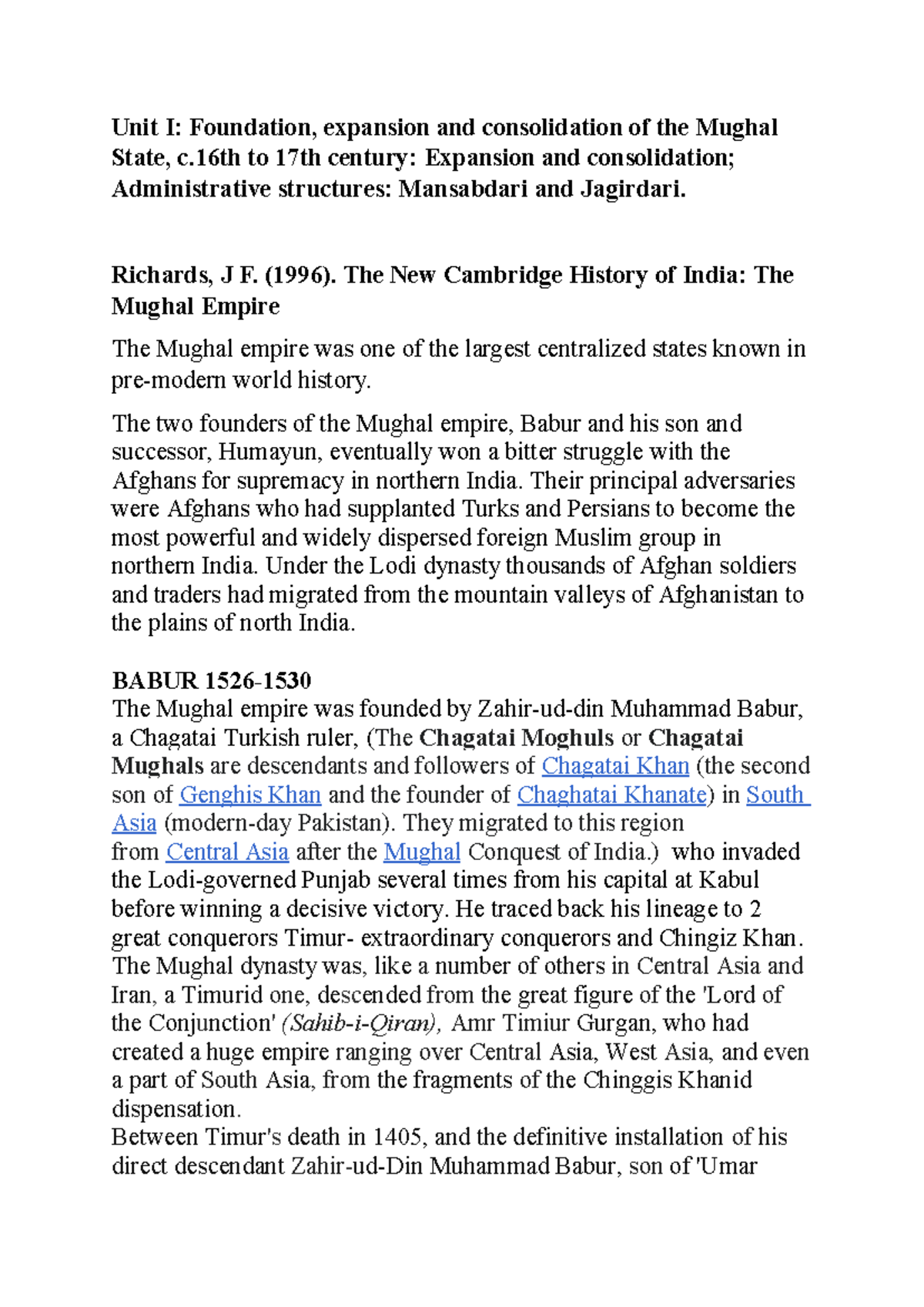 Unit I - THIS IS IMPORTANT FOR MUGHAL INDIA - Unit I: Foundation ...