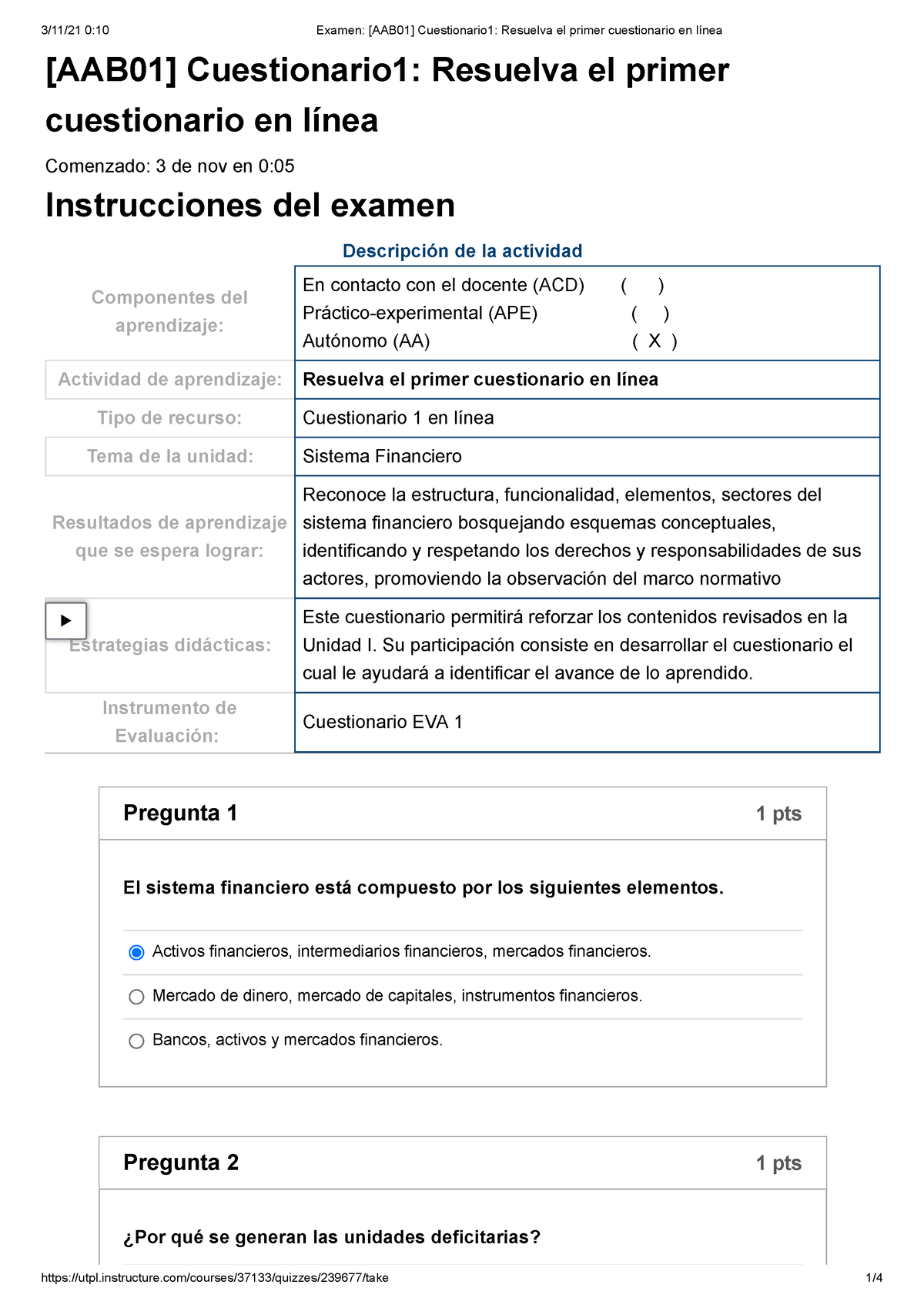 Examen [AAB01] Cuestionario 1 Resuelva El Primer Cuestionario En Línea ...