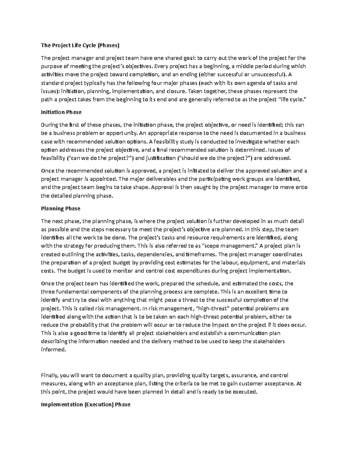 Project Management Notes For Learning - The Project Life Cycle (Phases ...