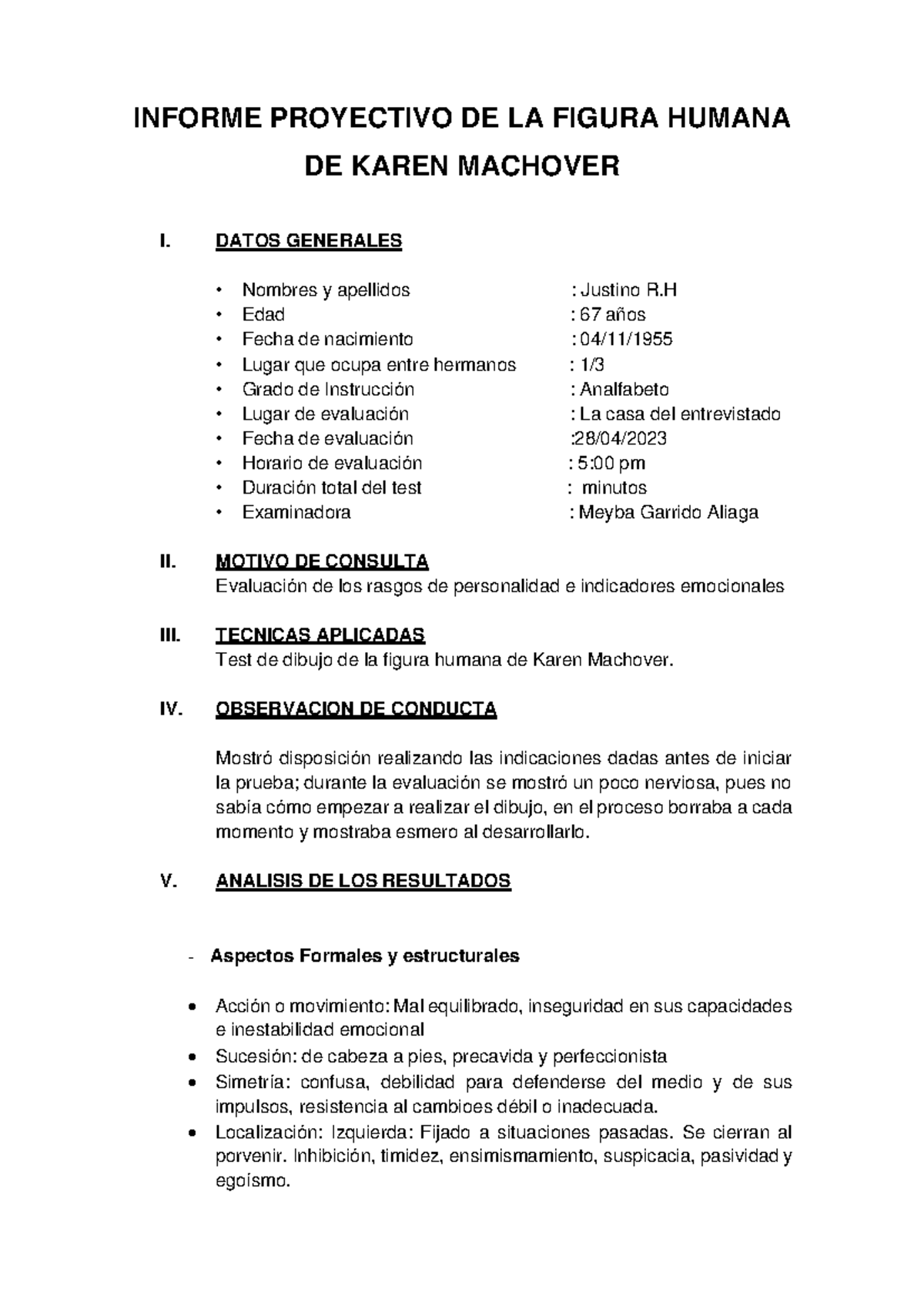 Informe machover - INFORME PROYECTIVO DE LA FIGURA HUMANA DE KAREN ...