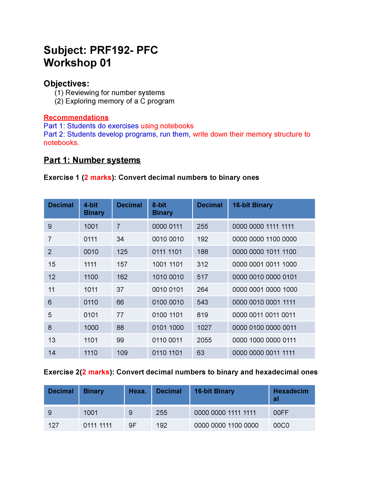 Workshop 01 Prf 192 - Subject: PRF192- PFC Workshop 01 Objectives: (1 ...