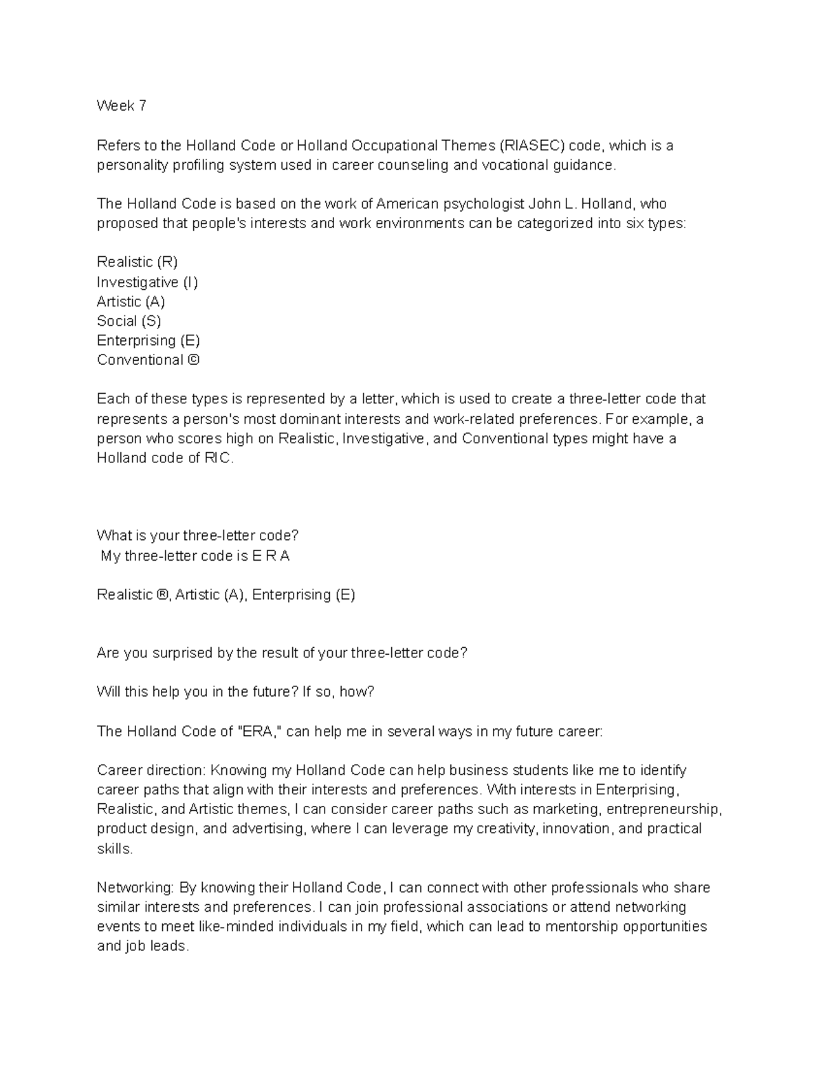 Week 7 - lecture notes - Week 7 Refers to the Holland Code or Holland ...