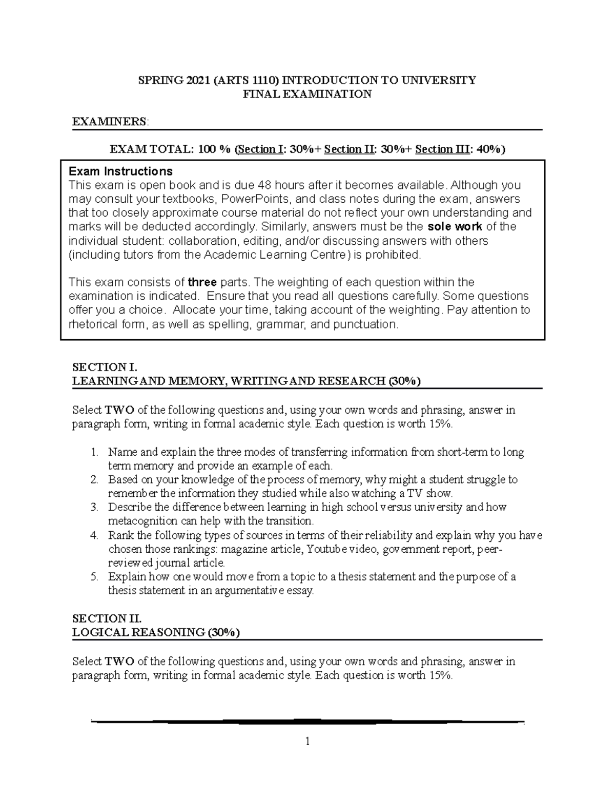 ARTS 1110 Finals Question. (S2021) - SPRING 2021 (ARTS 1110 ...