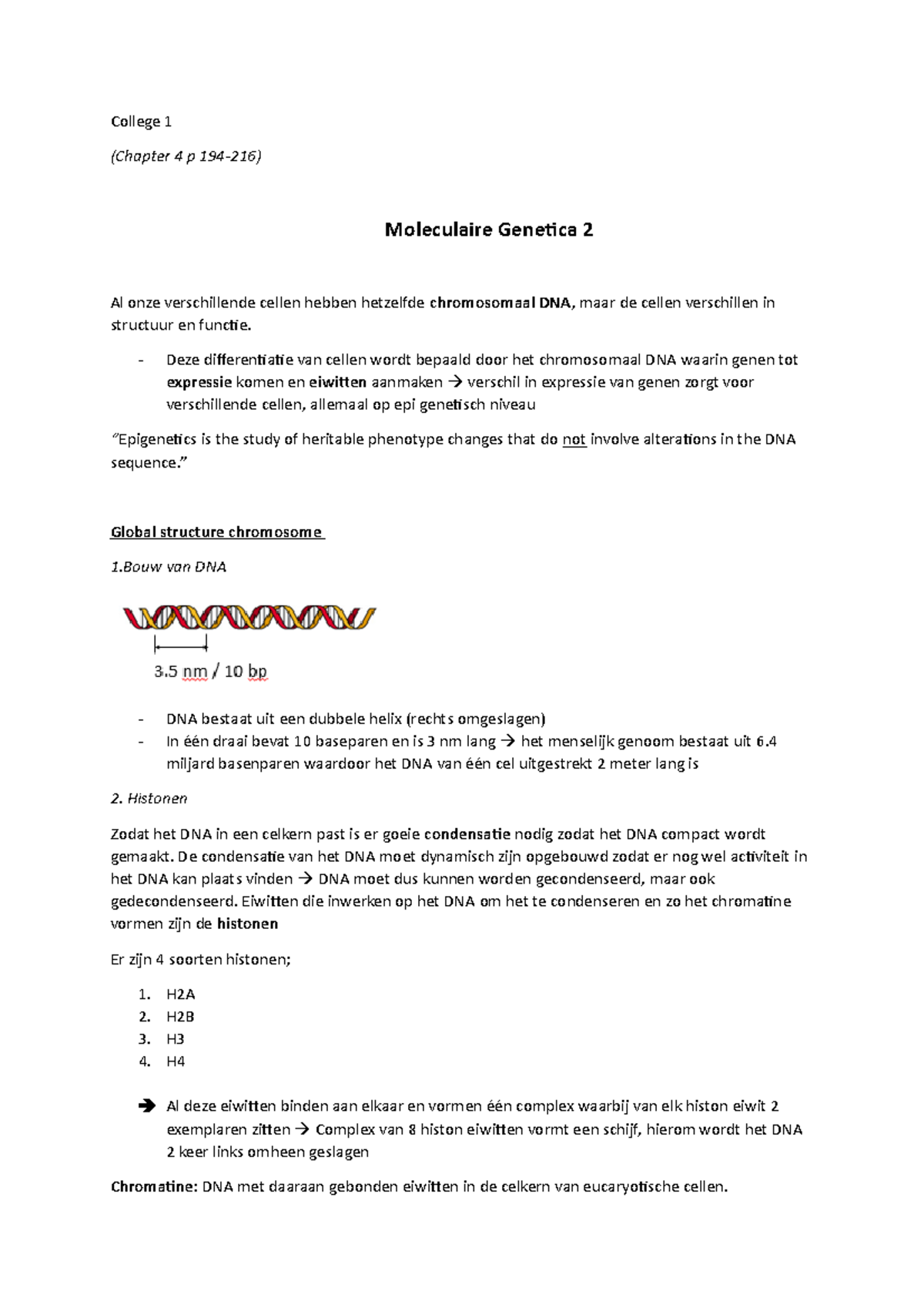 MG-2 - Samenvatting Moleculaire Genetica 2 - College 1 (Chapter 4 P ...