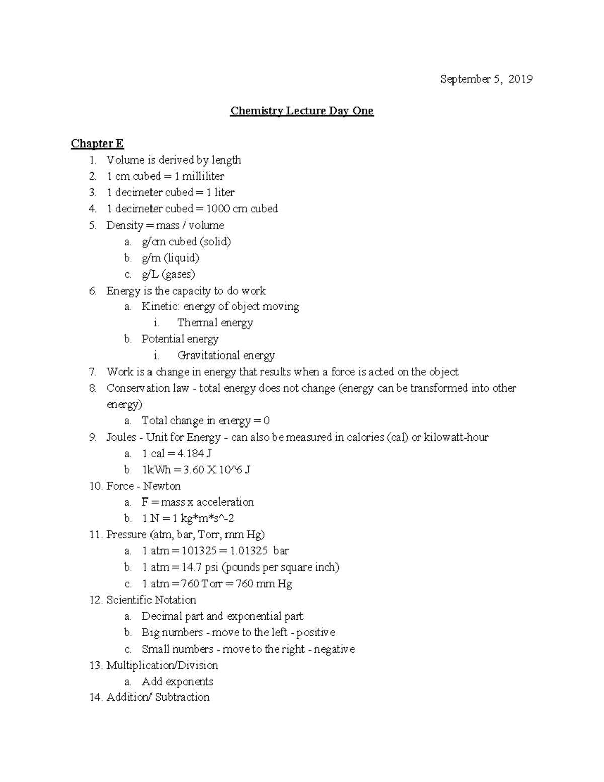 Chem 1 - Chapter 1 - September 5, 2019 Chemistry Lecture Day One ...